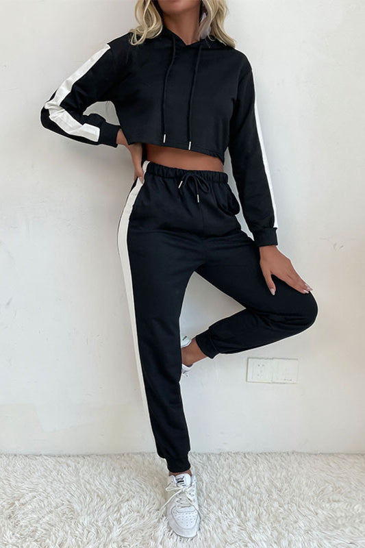 Side Stripe Cropped Hoodie and Jogger Set  Outfit Sets- Doll Fits