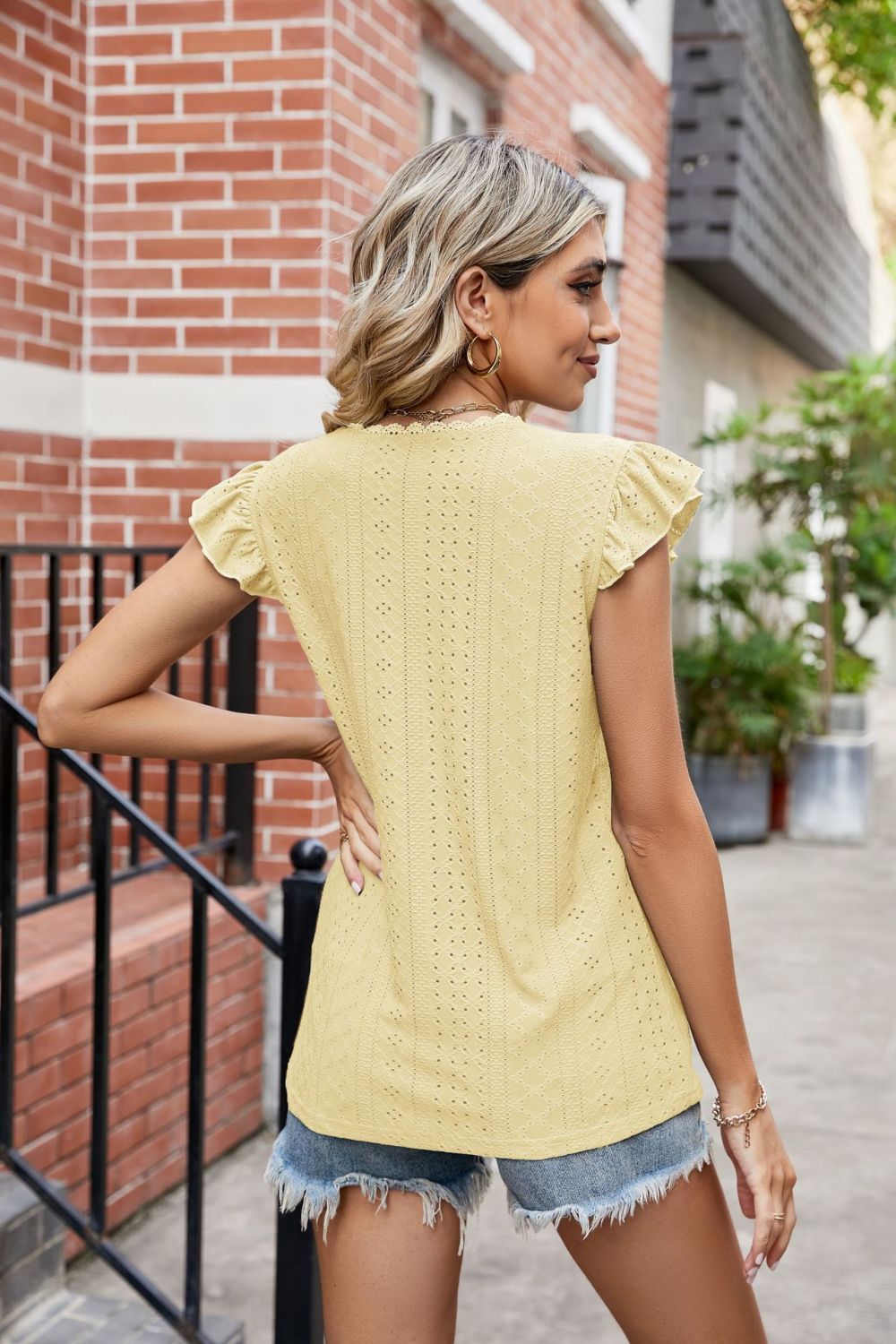 Eyelet Flutter Sleeve Scalloped V-Neck Top Shirts & Tops- Doll Fits