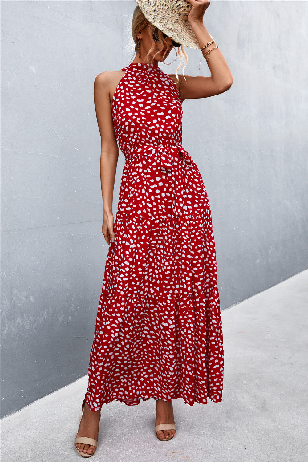 Printed Sleeveless Tie Waist Maxi Dress Dresses- Doll Fits