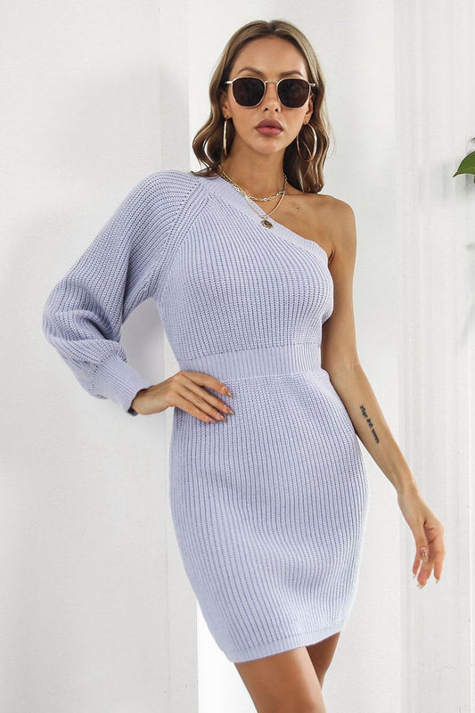One Shoulder Raglan Sleeve Pencil Sweater Dress  Dresses- Doll Fits