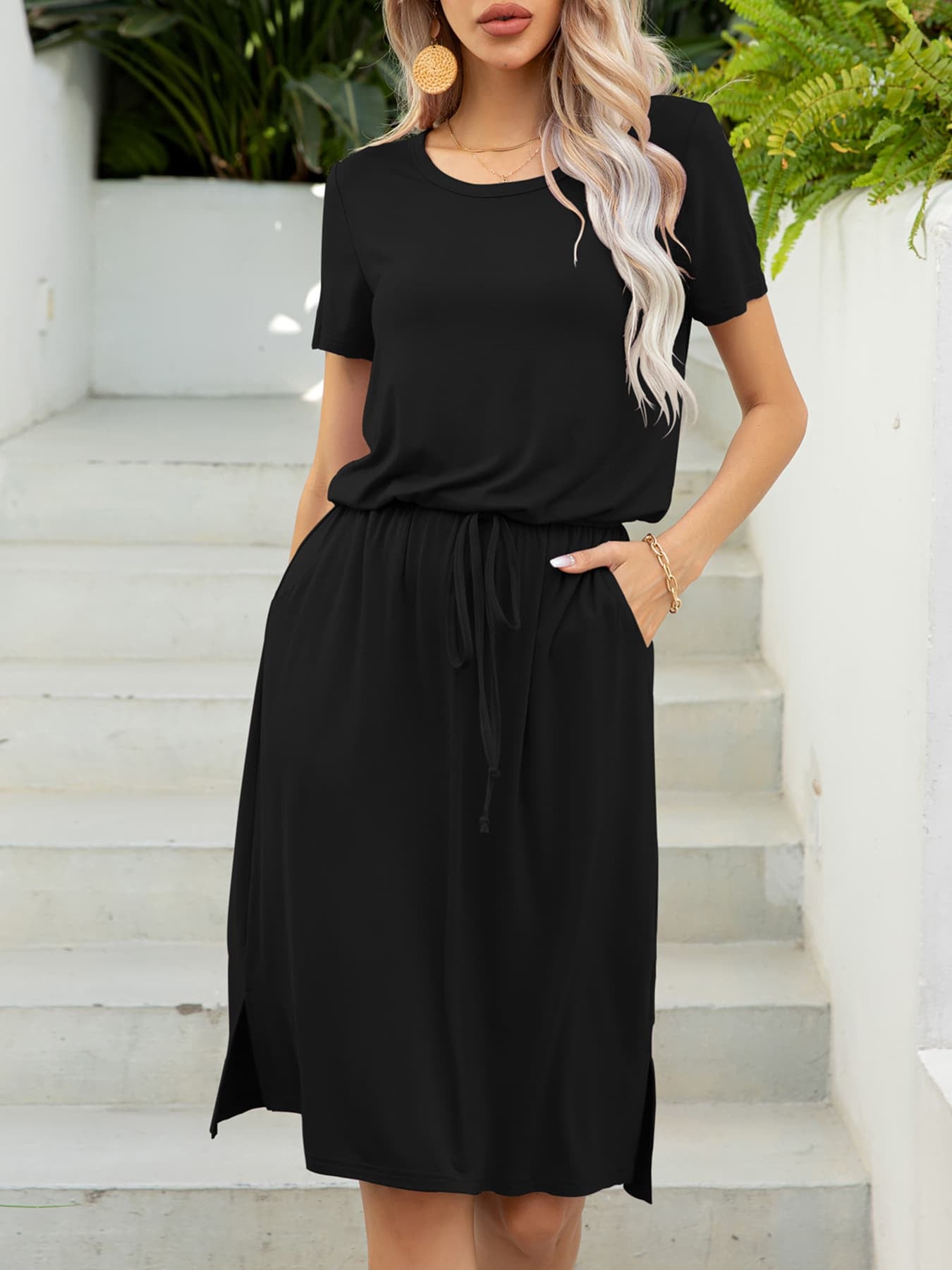 Round Neck Short Sleeve Slit Dress with Pockets Dresses- Doll Fits