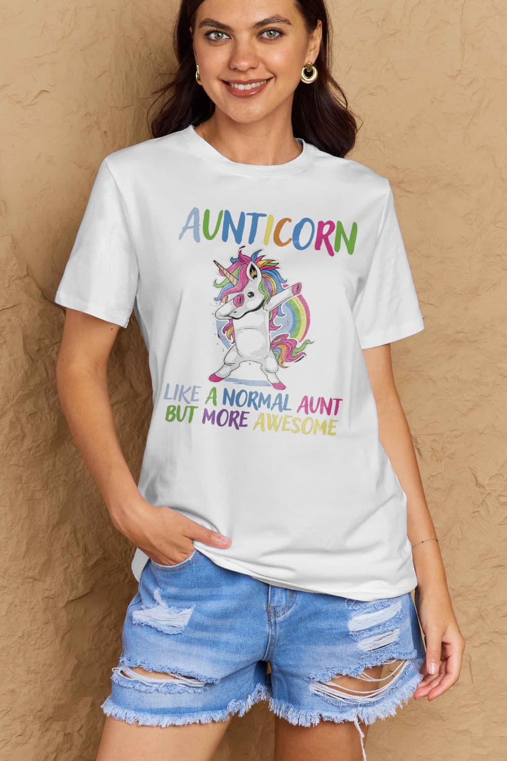 Simply Love Full Size AUNTICORN LIKE A NORMAL AUNT BUT MORE AWESOME Graphic Cotton Tee - Doll Fits