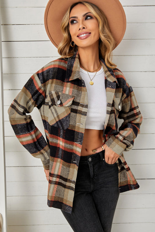 Plaid Pocketed Button Down Shacket  Shirts & Tops- Doll Fits