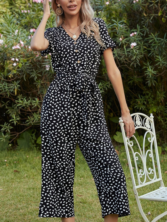 Printed V-Neck Short Sleeve Jumpsuit  - Doll Fits