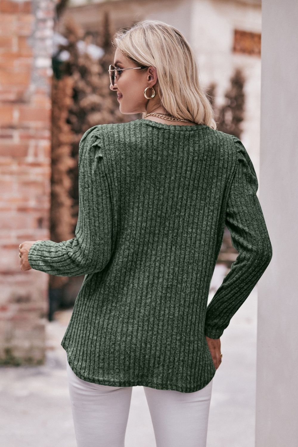 Round Neck Puff Sleeve Ribbed Top Shirts & Tops- Doll Fits