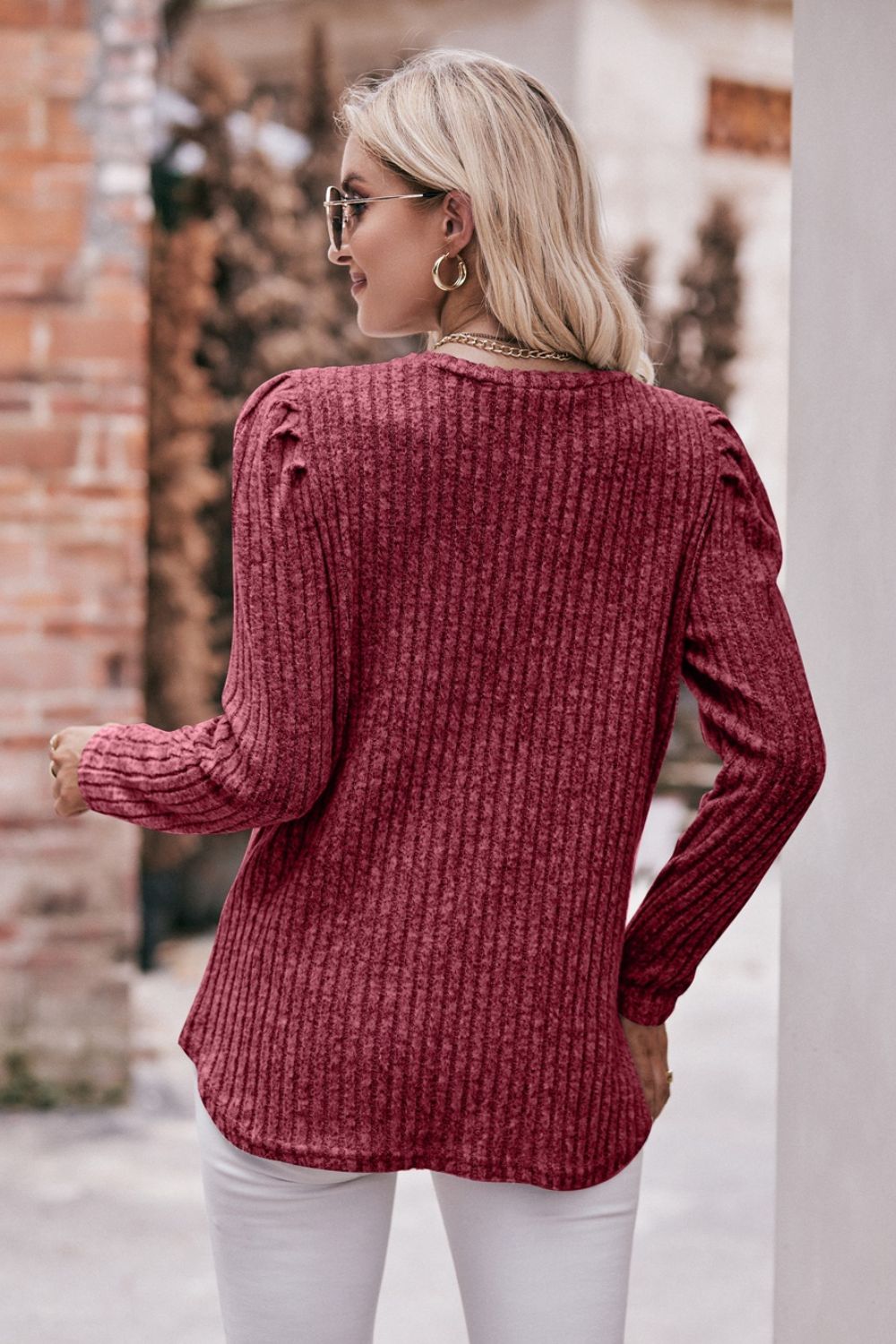 Round Neck Puff Sleeve Ribbed Top Shirts & Tops- Doll Fits