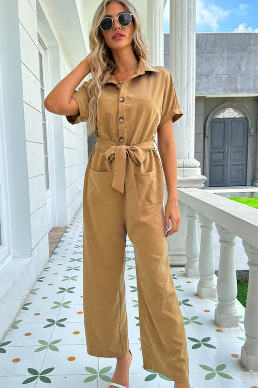Tie Belt Buttoned Short Sleeve Collared Neck Jumpsuit  Jumpsuits & Rompers- Doll Fits