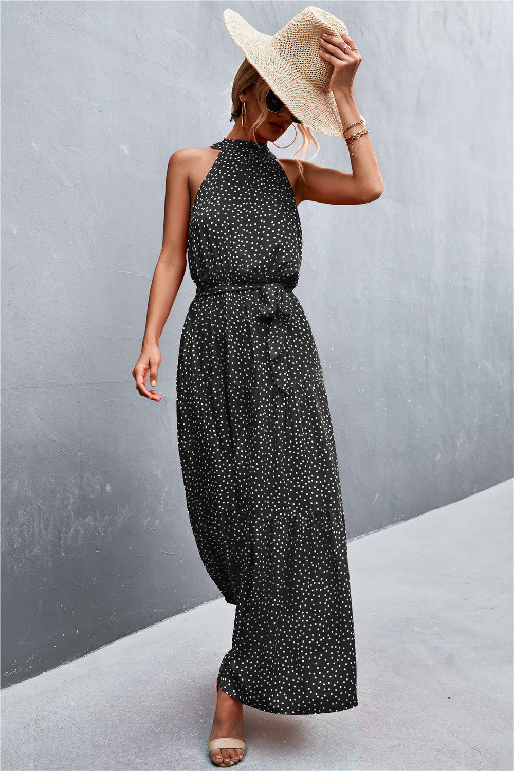 Printed Sleeveless Tie Waist Maxi Dress Dresses- Doll Fits