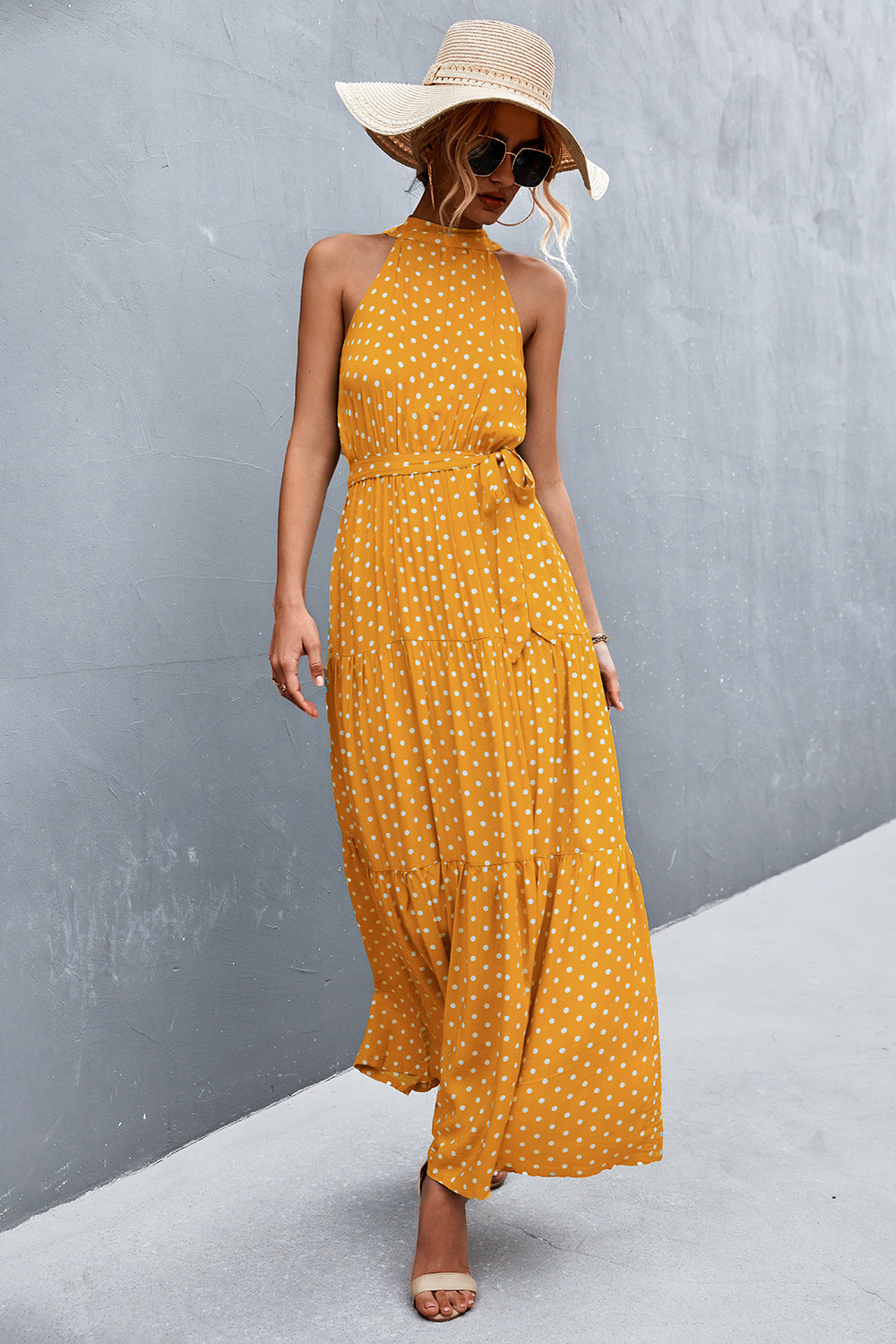 Printed Sleeveless Tie Waist Maxi Dress Dresses- Doll Fits