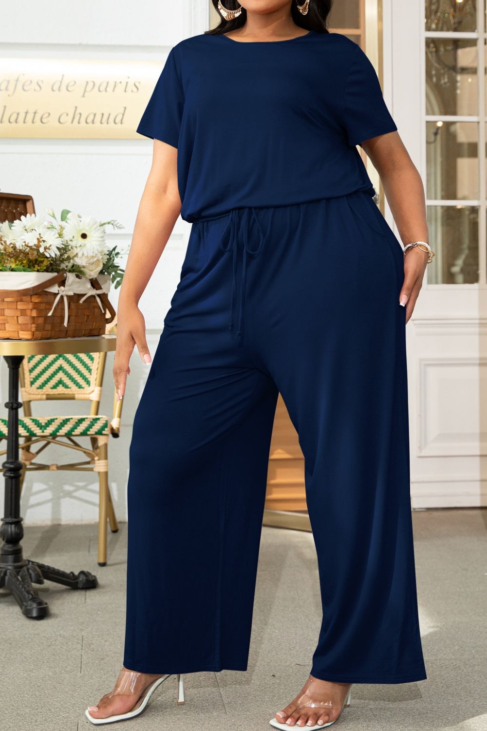 Plus Size Drawstring Waist Short Sleeve Jumpsuit Jumpsuits & Rompers- Doll Fits