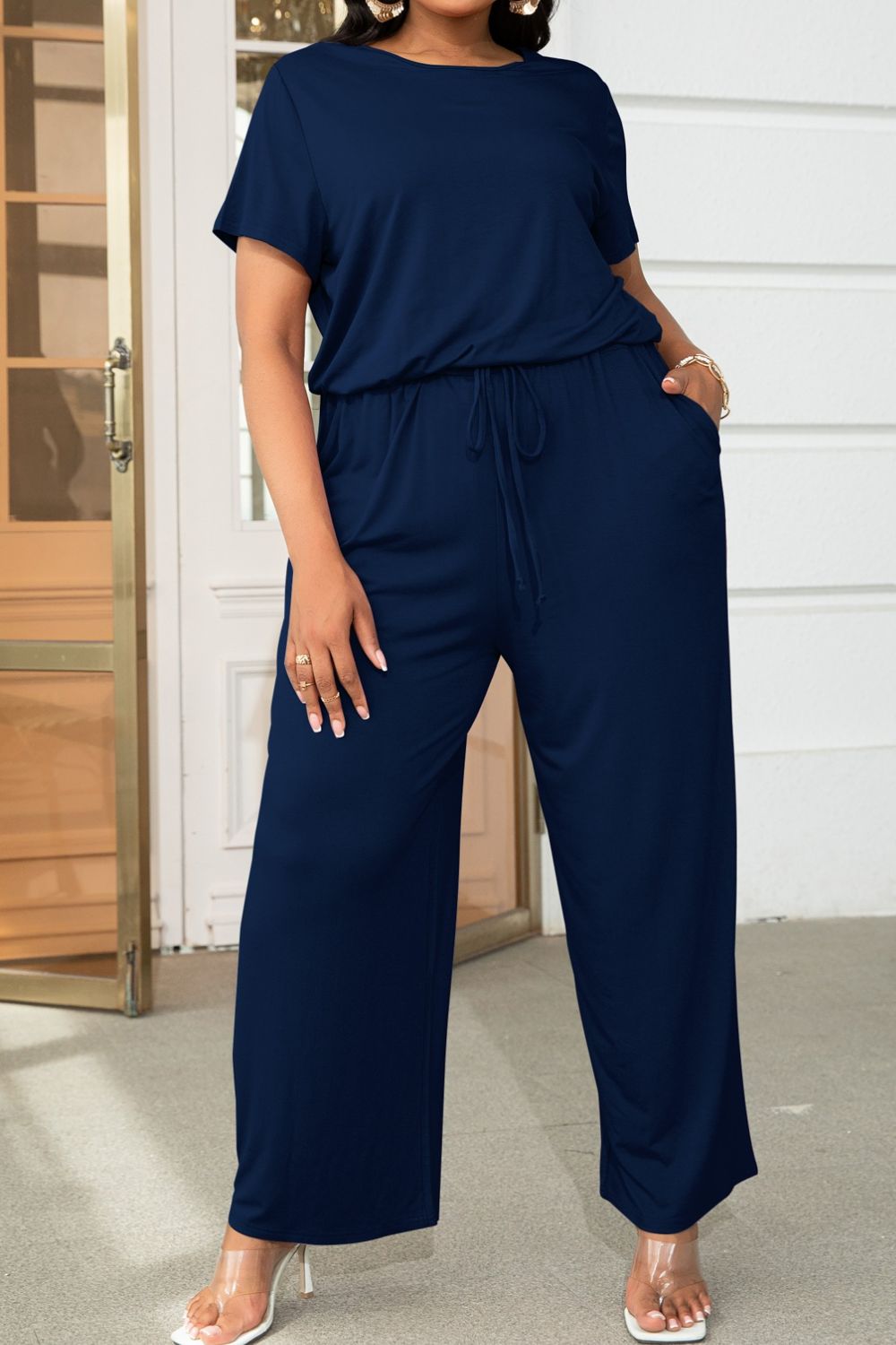 Plus Size Drawstring Waist Short Sleeve Jumpsuit Jumpsuits & Rompers- Doll Fits