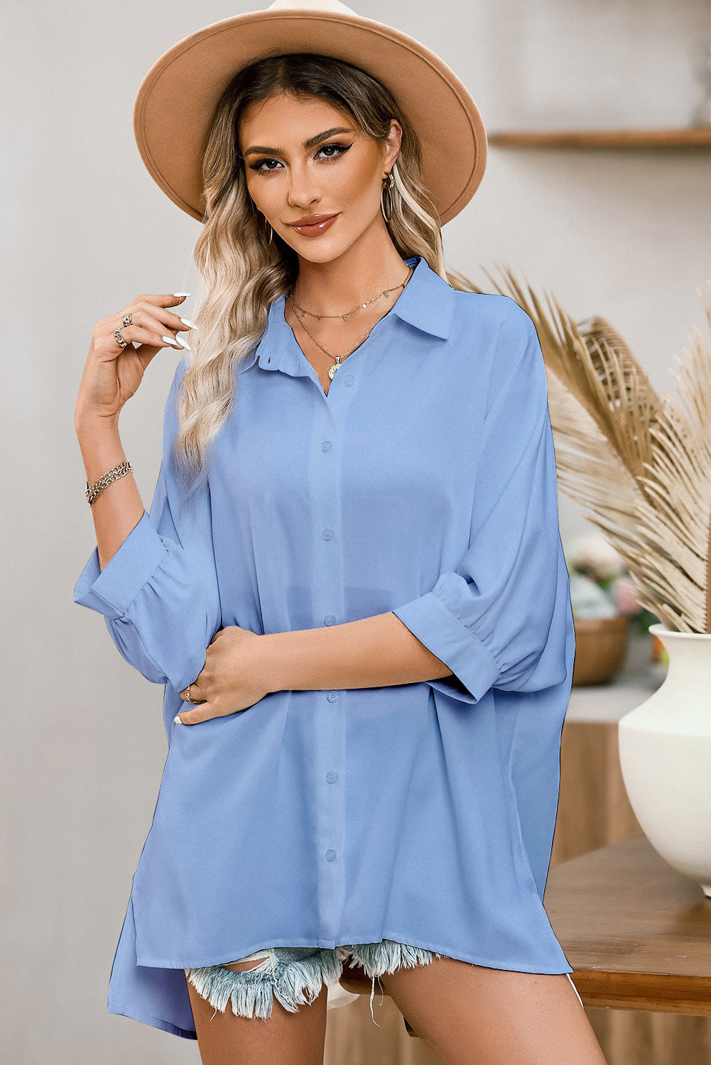 Three-Quarter Sleeve Slit Shirt Shirts & Tops- Doll Fits