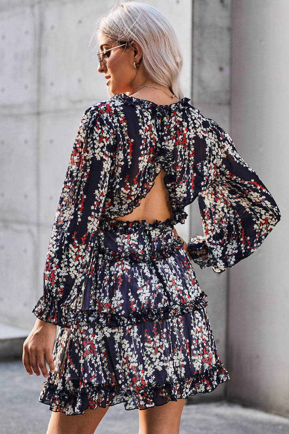 Floral Frill Trim Plunge Flounce Sleeve Dress Dresses- Doll Fits