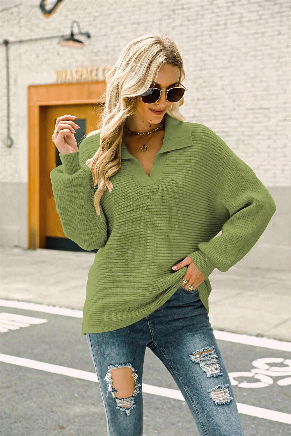 Horizontal Ribbing Johnny Collar Sweater Shirts & Tops- Doll Fits