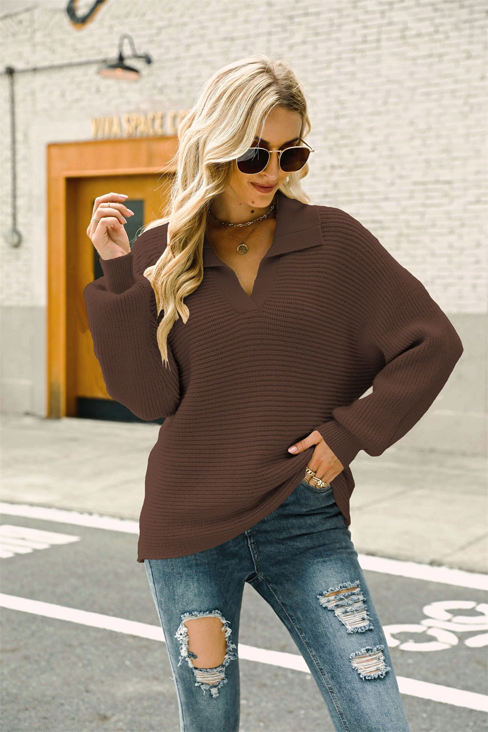 Horizontal Ribbing Johnny Collar Sweater Shirts & Tops- Doll Fits