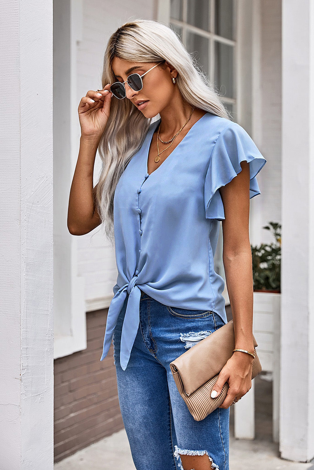 V-Neck Tie Hem Flutter Sleeve Blouse Shirts & Tops- Doll Fits