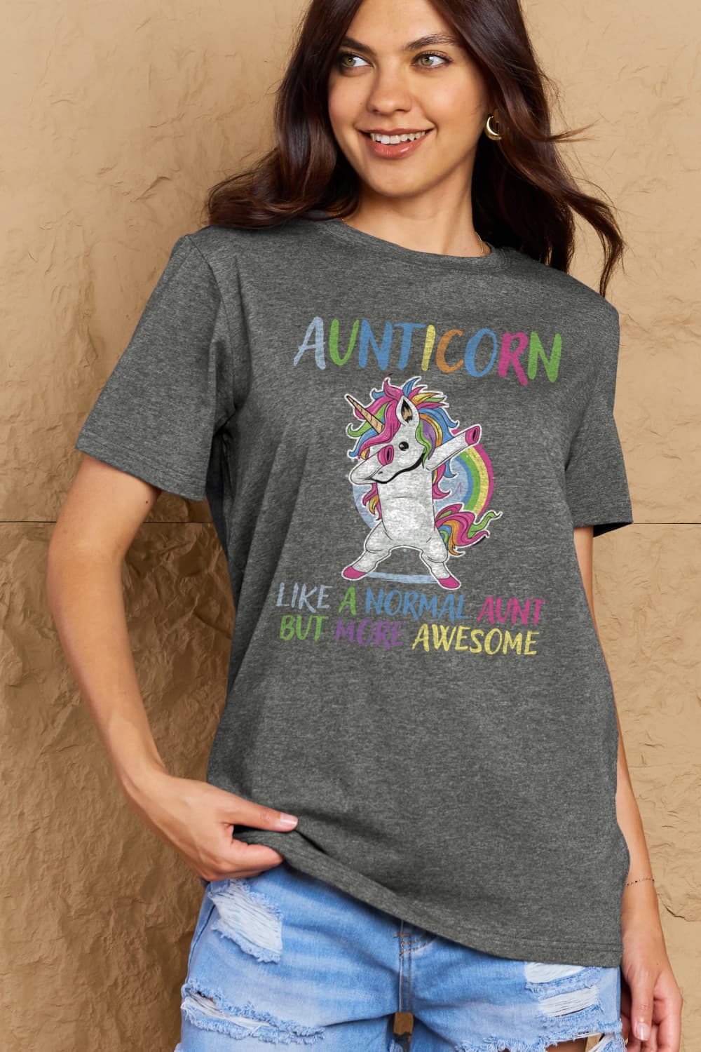 Simply Love Full Size AUNTICORN LIKE A NORMAL AUNT BUT MORE AWESOME Graphic Cotton Tee - Doll Fits