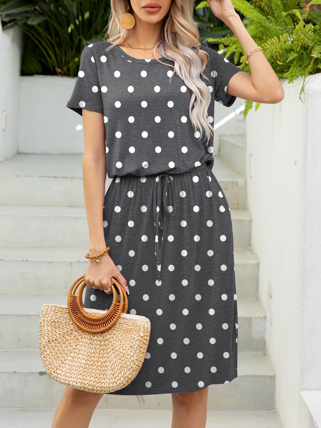 Round Neck Short Sleeve Slit Dress with Pockets Dresses- Doll Fits