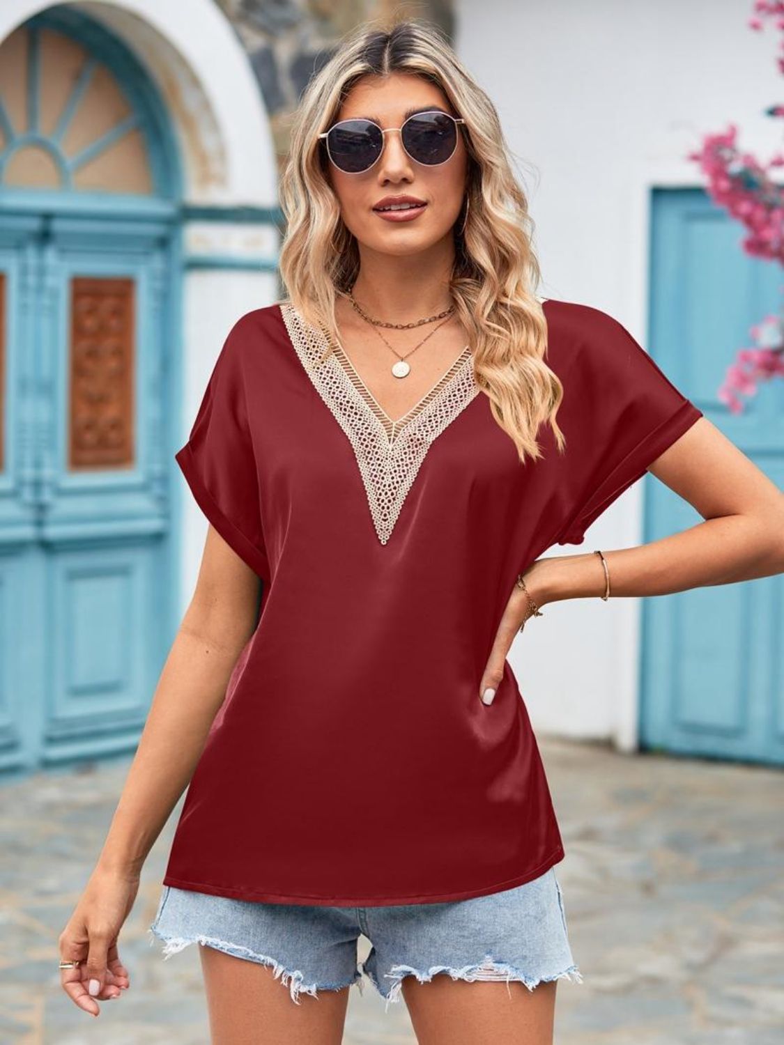 V-Neck Cuffed Blouse Shirts & Tops- Doll Fits