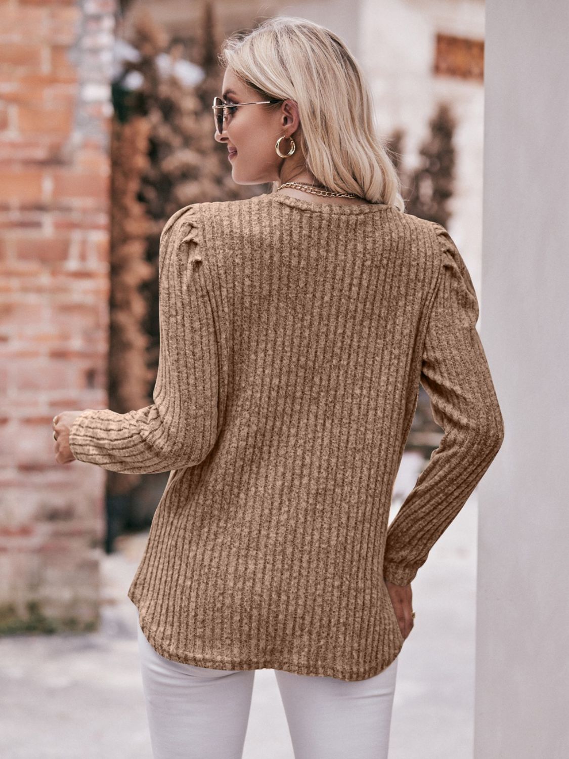 Round Neck Puff Sleeve Ribbed Top Shirts & Tops- Doll Fits