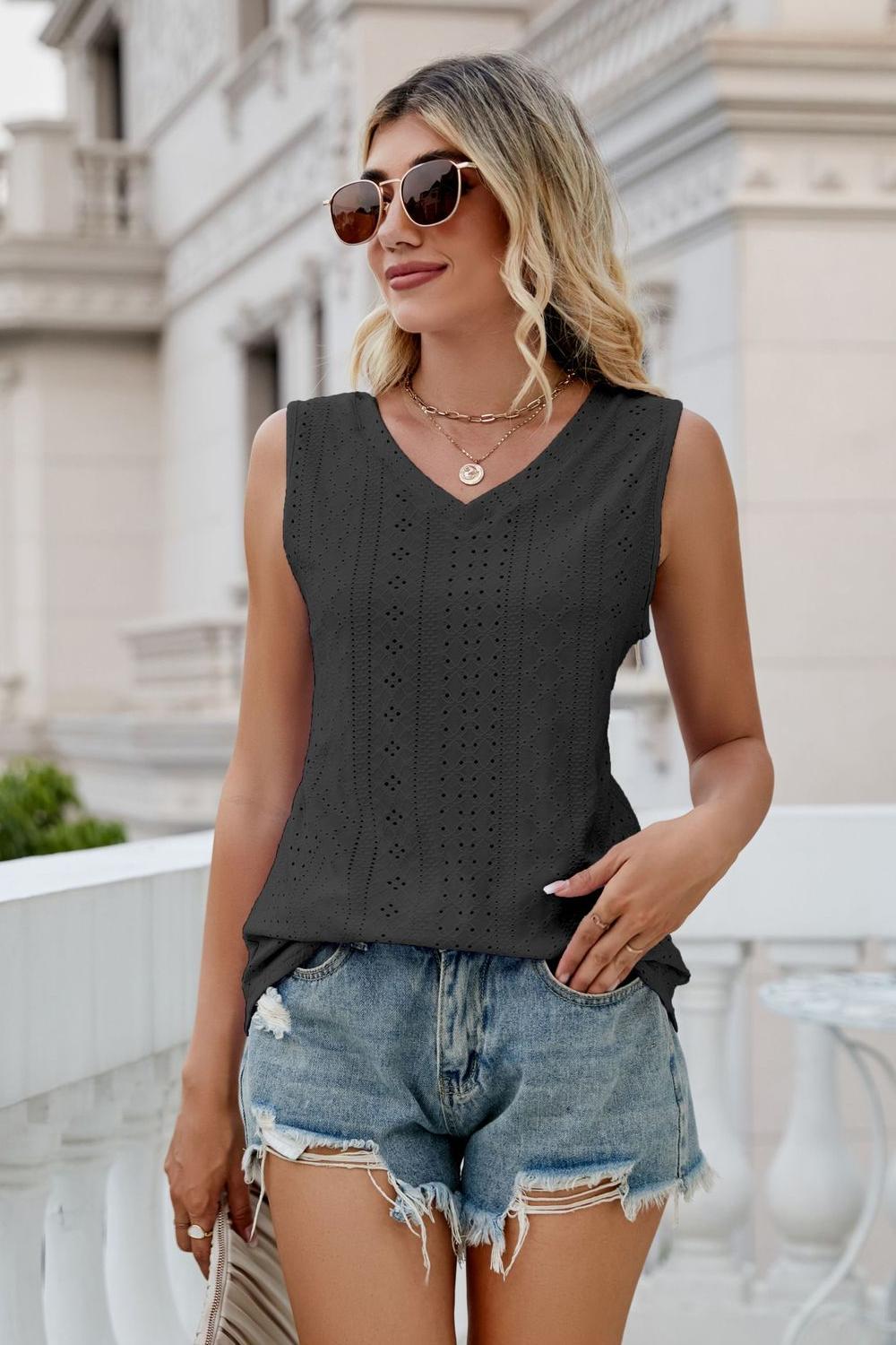 Eyelet V-Neck Tank Shirts & Tops- Doll Fits