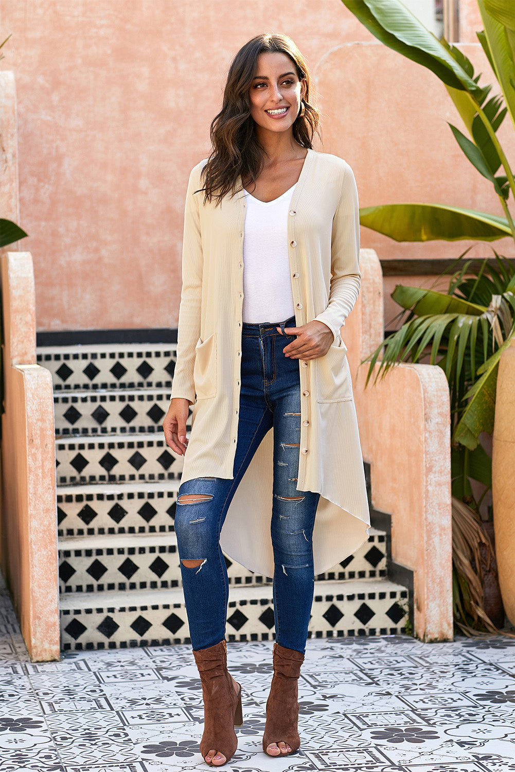 V-Neck Long Sleeve Cardigan with Pocket - Doll Fits