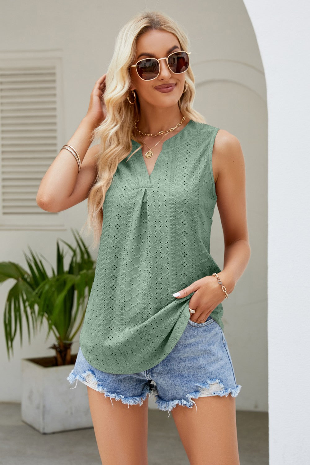 Notched Neck Curved Hem Eyelet Tank Shirts & Tops- Doll Fits