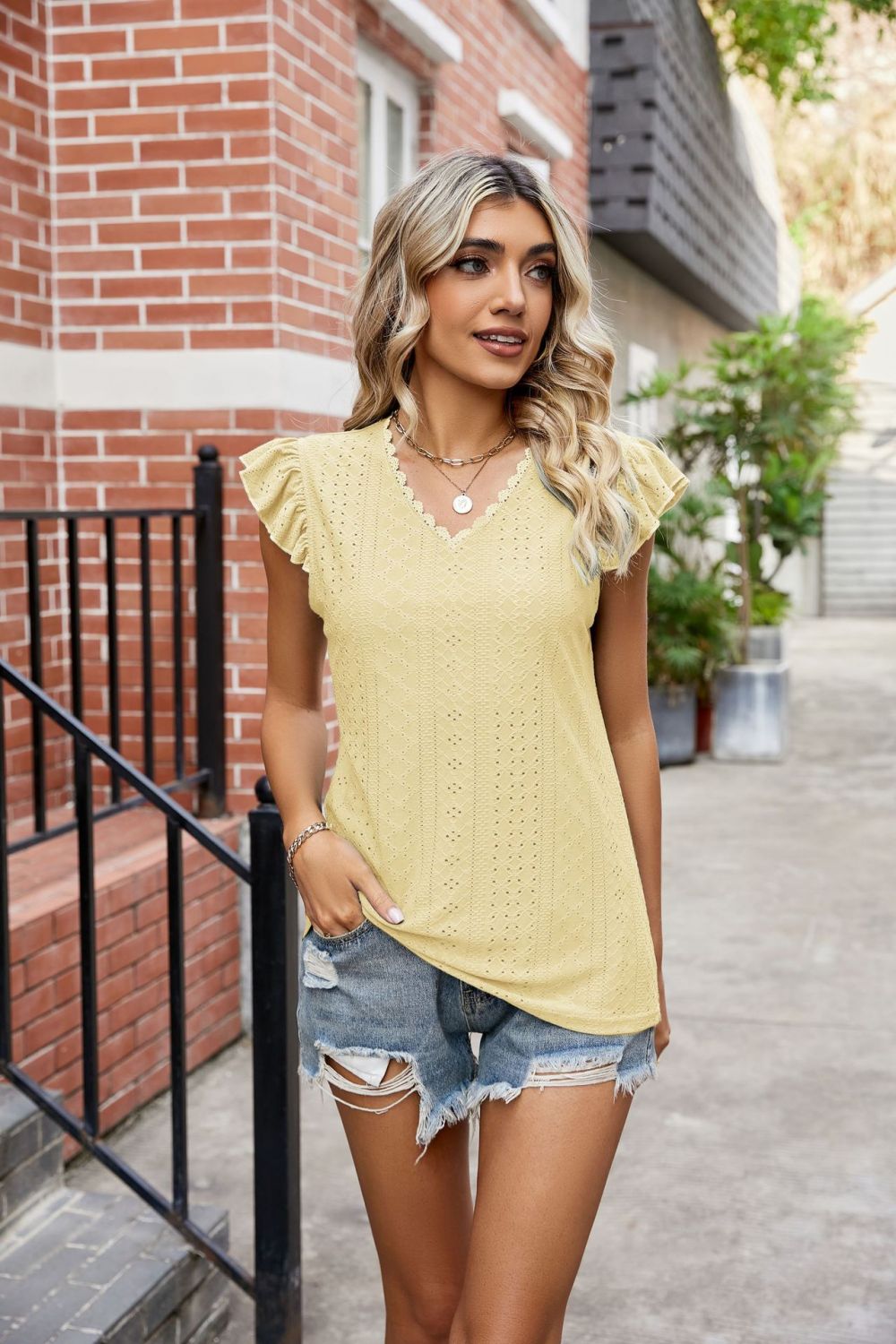 Eyelet Flutter Sleeve Scalloped V-Neck Top Shirts & Tops- Doll Fits