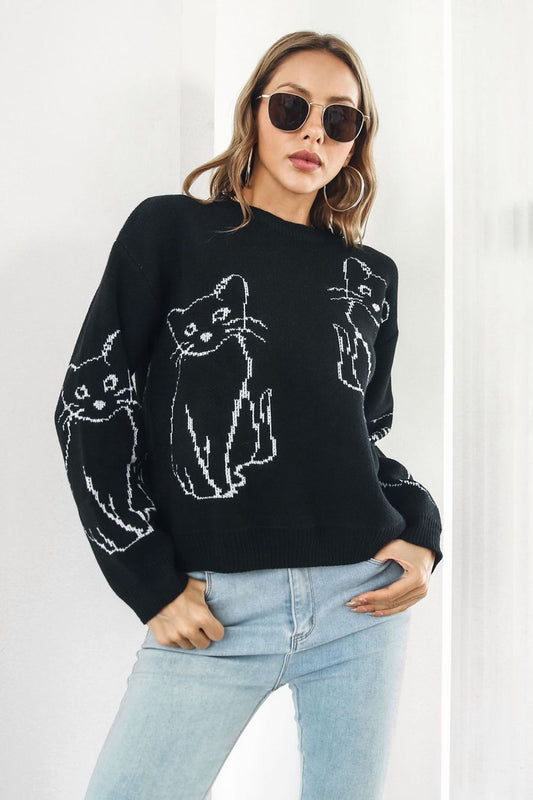 Cat Pattern Round Neck Long Sleeve Pullover Sweater  - Doll Fits