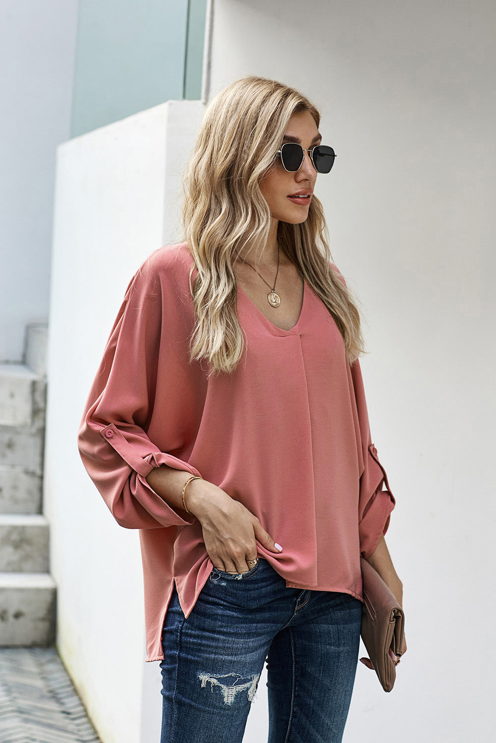 V-Neck Roll-Tab Sleeve Blouse Shirts & Tops- Doll Fits