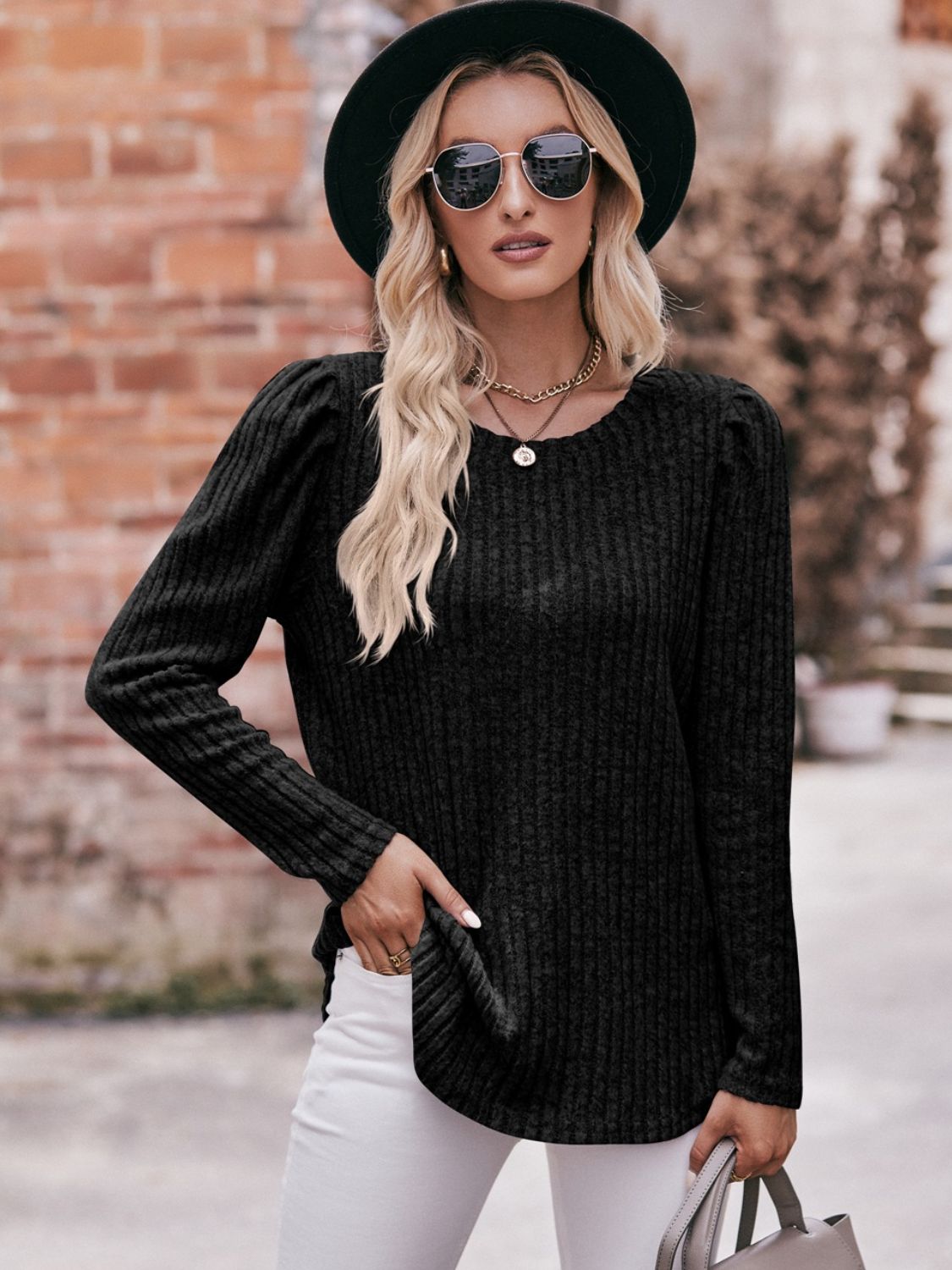 Round Neck Puff Sleeve Ribbed Top Shirts & Tops- Doll Fits