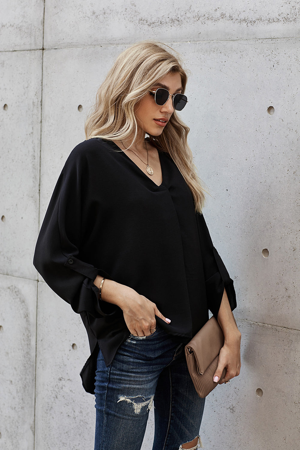 V-Neck Roll-Tab Sleeve Blouse Shirts & Tops- Doll Fits