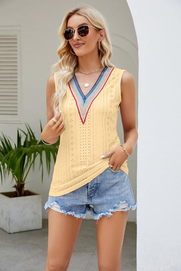 Contrast V-Neck Eyelet Tank Shirts & Tops- Doll Fits