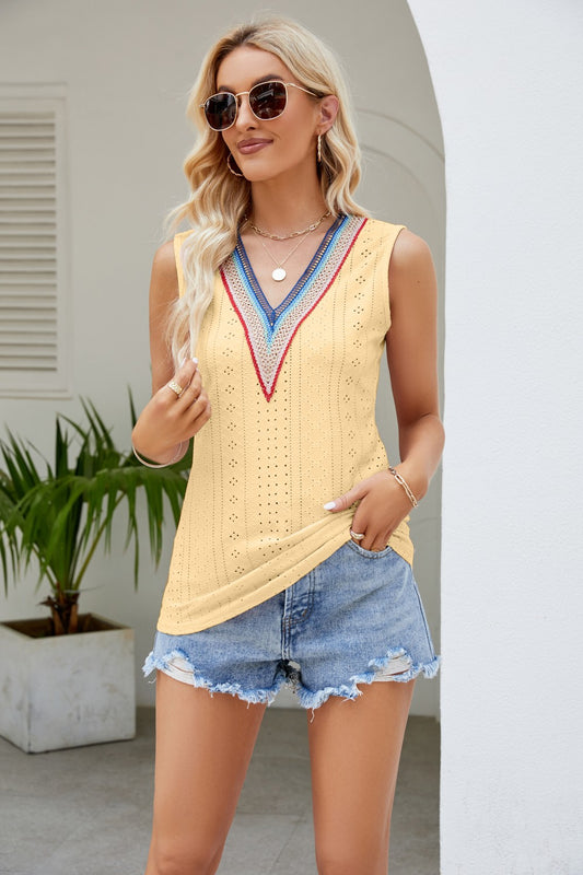 Contrast V-Neck Eyelet Tank  Shirts & Tops- Doll Fits