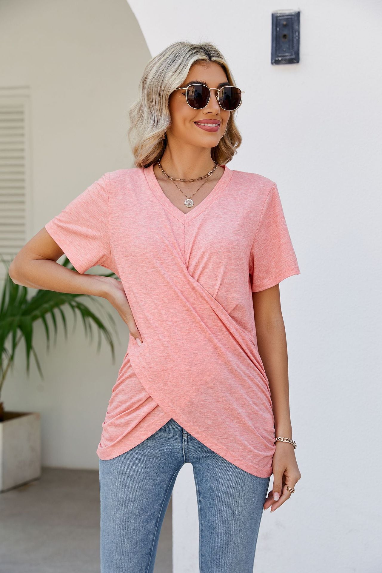 V-Neck Crisscross Short Sleeve Tee Shirts & Tops- Doll Fits