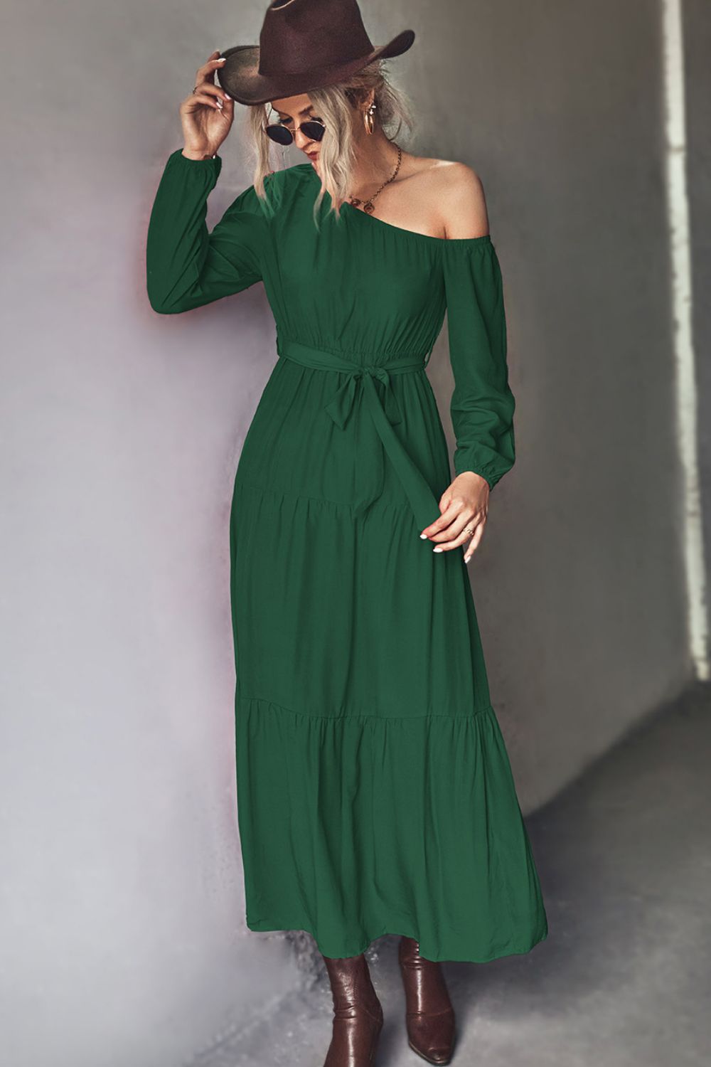 Belted One-Shoulder Tiered Maxi Dress  Dresses- Doll Fits