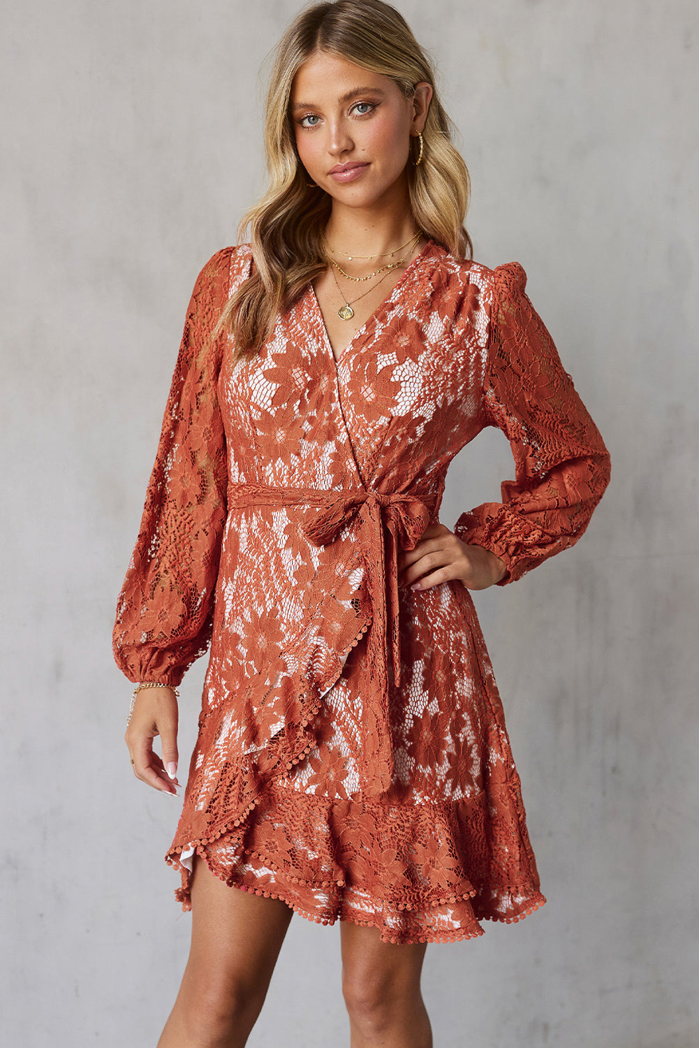 Pompom Trim Puff Sleeve Belted Lace Dress Dresses- Doll Fits