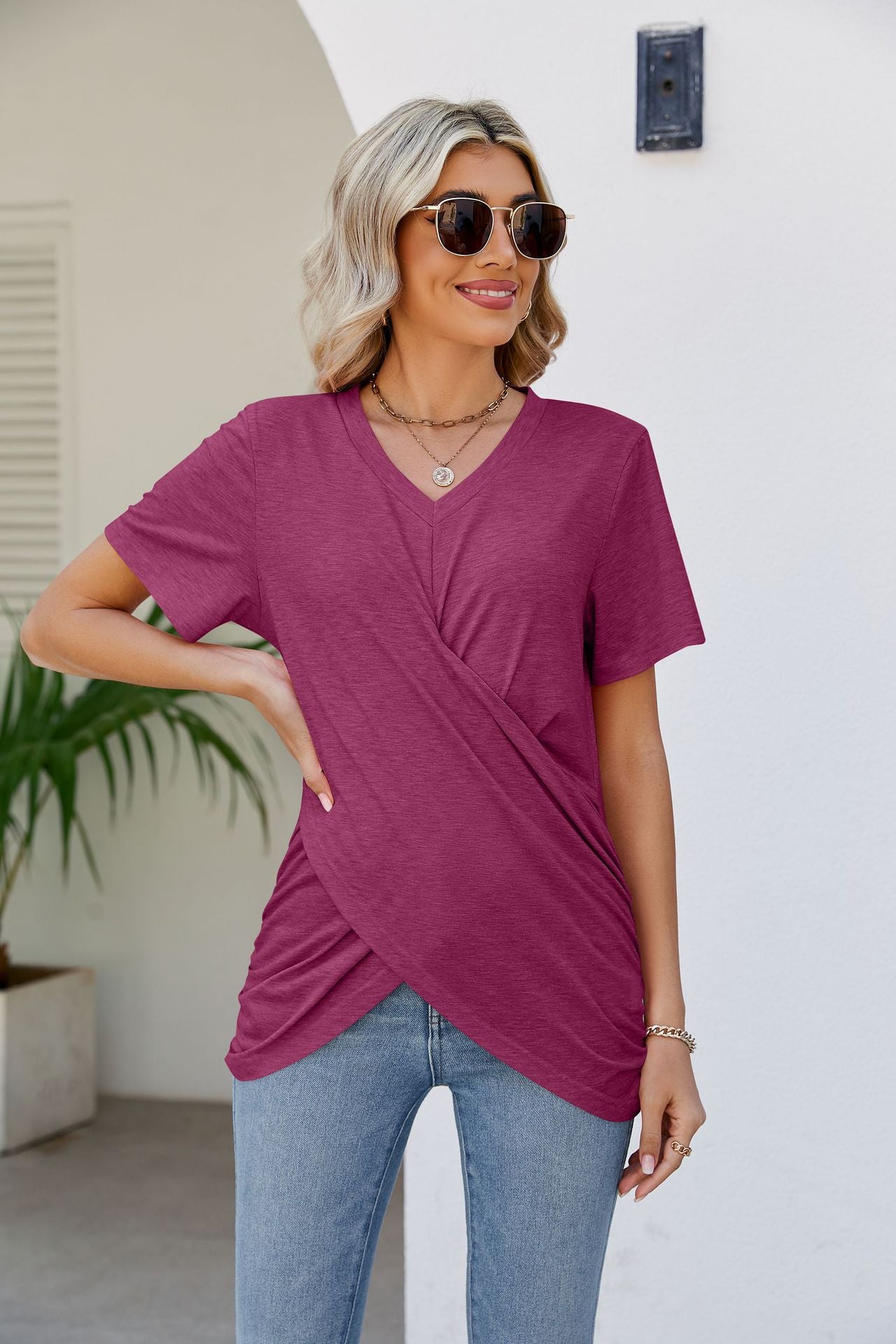 V-Neck Crisscross Short Sleeve Tee Shirts & Tops- Doll Fits