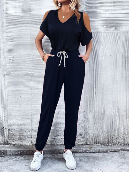 V-Neck Cold-Shoulder Jumpsuit with Pockets  Jumpsuits & Rompers- Doll Fits