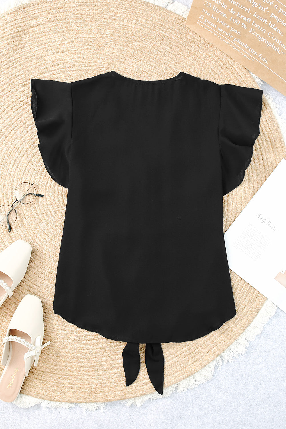 V-Neck Tie Hem Flutter Sleeve Blouse Shirts & Tops- Doll Fits