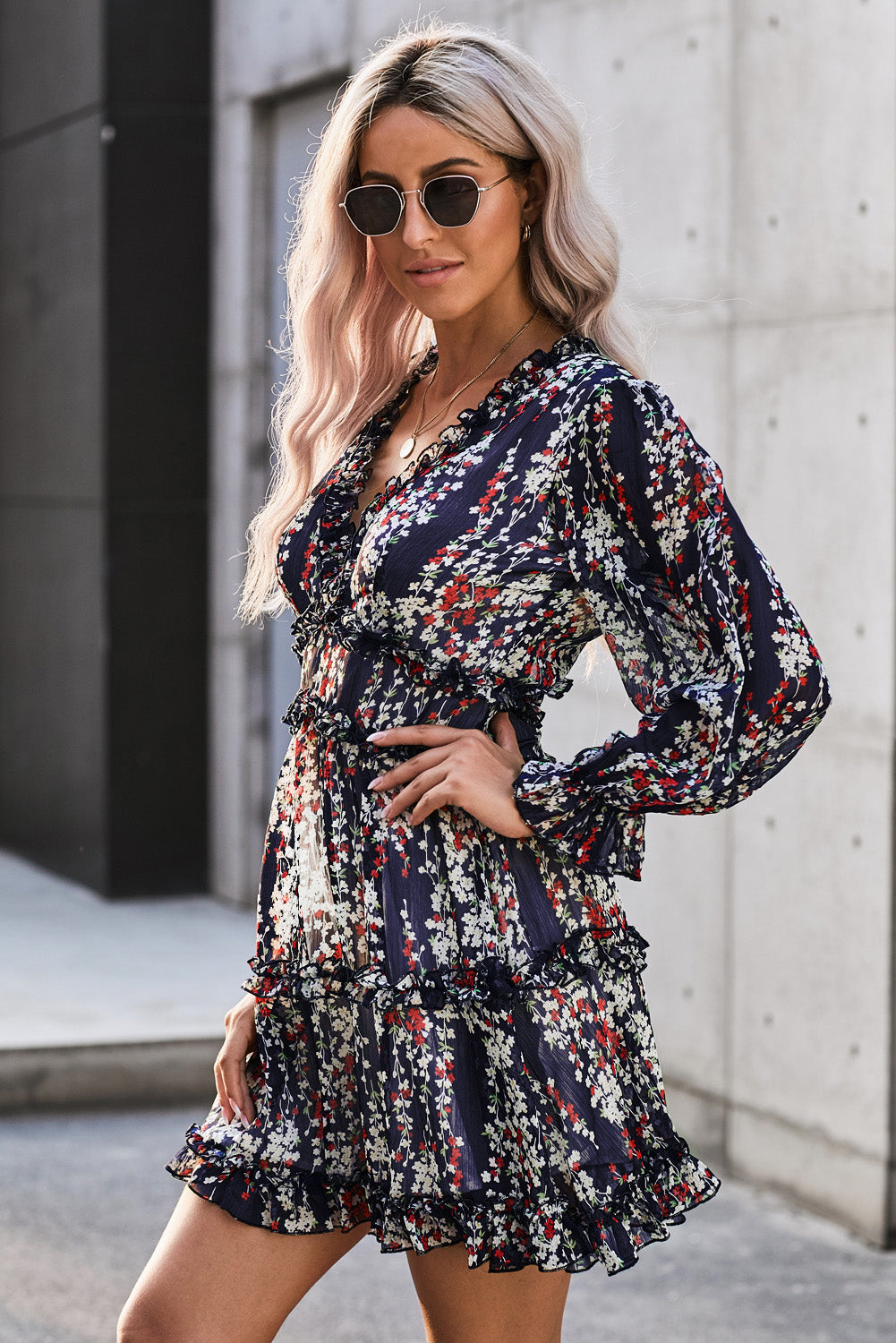 Floral Frill Trim Plunge Flounce Sleeve Dress Dresses- Doll Fits