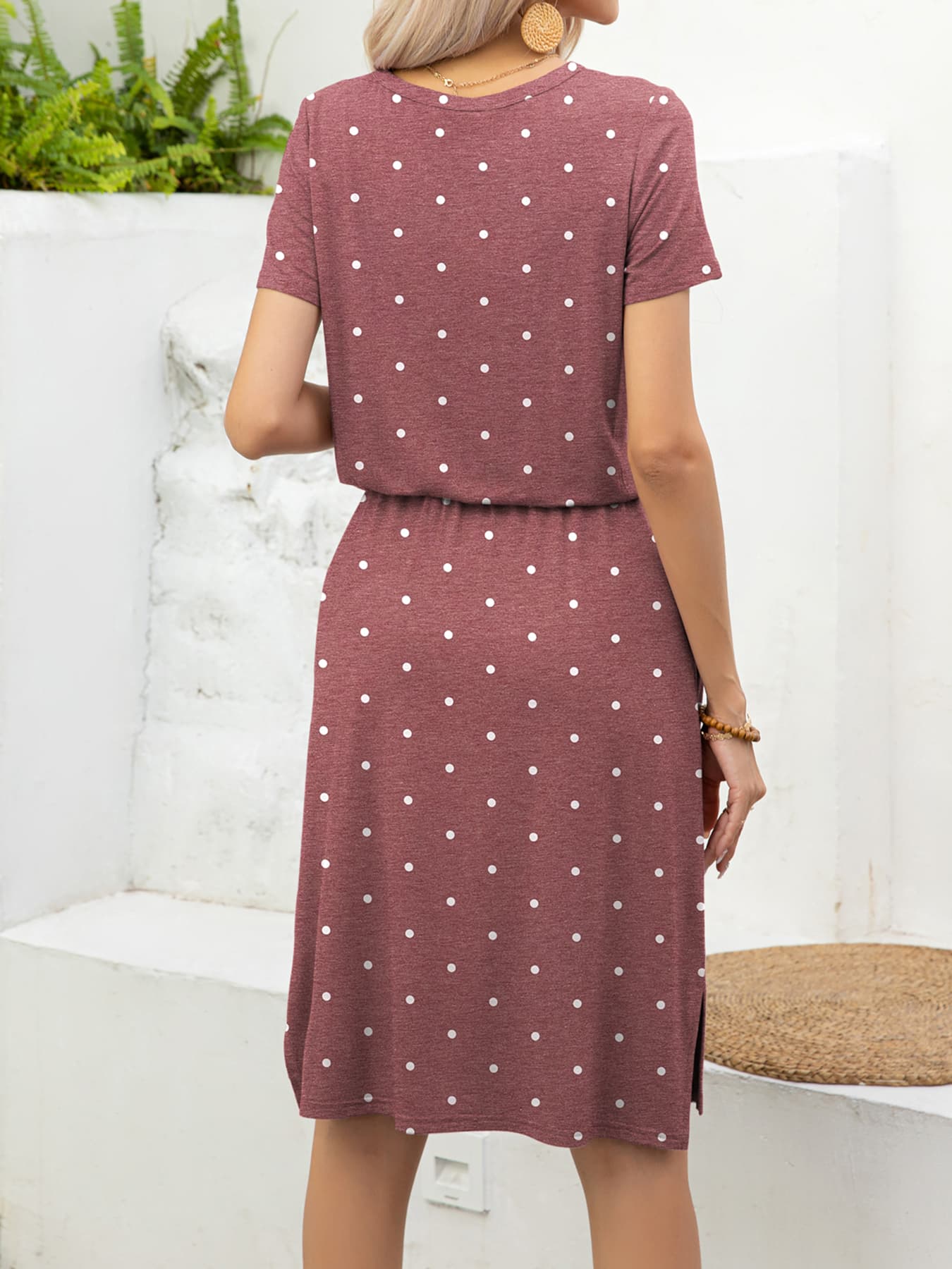 Round Neck Short Sleeve Slit Dress with Pockets Dresses- Doll Fits