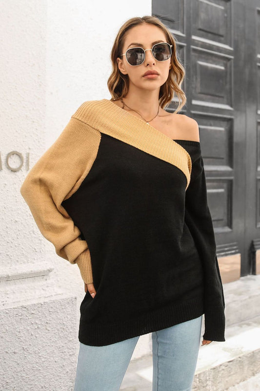 Ribbed Off-Shoulder Lantern Sleeve Pullover Sweater  - Doll Fits
