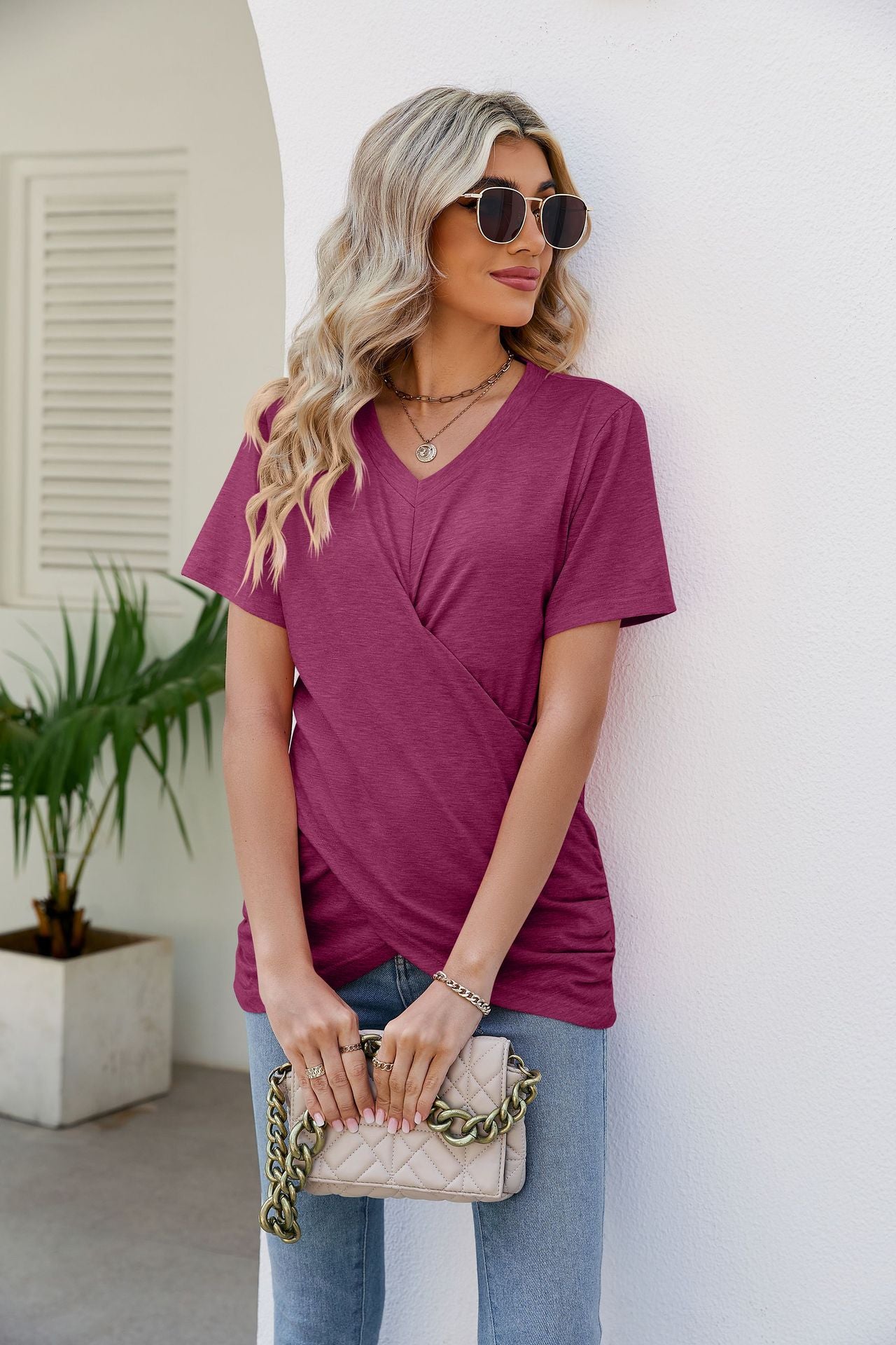 V-Neck Crisscross Short Sleeve Tee Shirts & Tops- Doll Fits