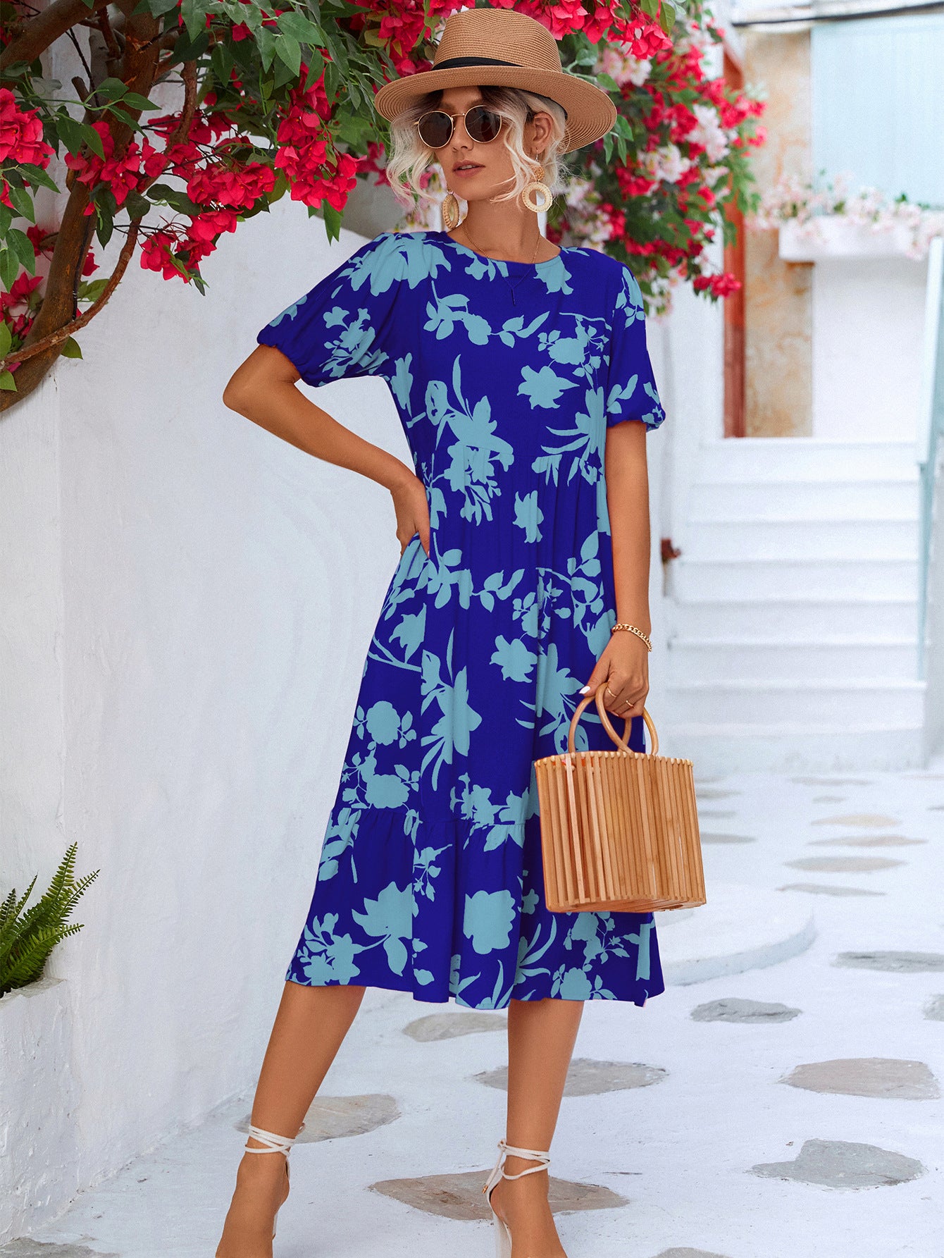Floral Puff Sleeve Ruffle Hem Midi Dress  Dresses- Doll Fits