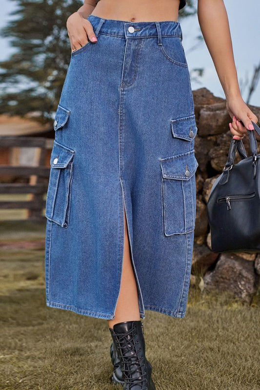 Slit Front Midi Denim Skirt with Pockets  Skirts- Doll Fits