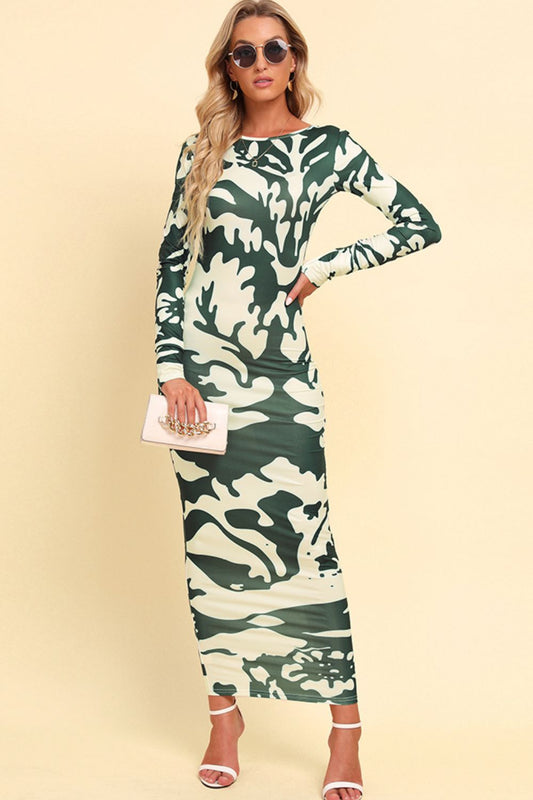 Printed Backless Long Sleeve Maxi Dress  Dresses- Doll Fits