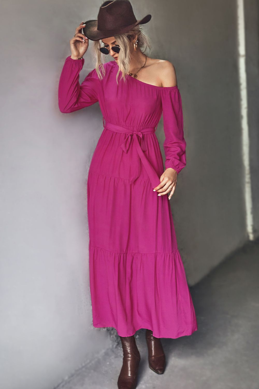 Belted One-Shoulder Tiered Maxi Dress  Dresses- Doll Fits