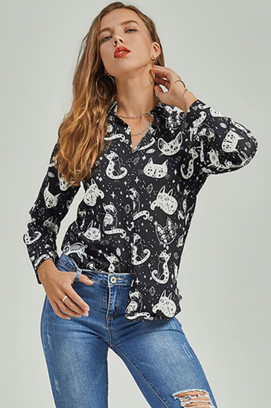 Cat Print Button-Up Shirt  Shirts & Tops- Doll Fits