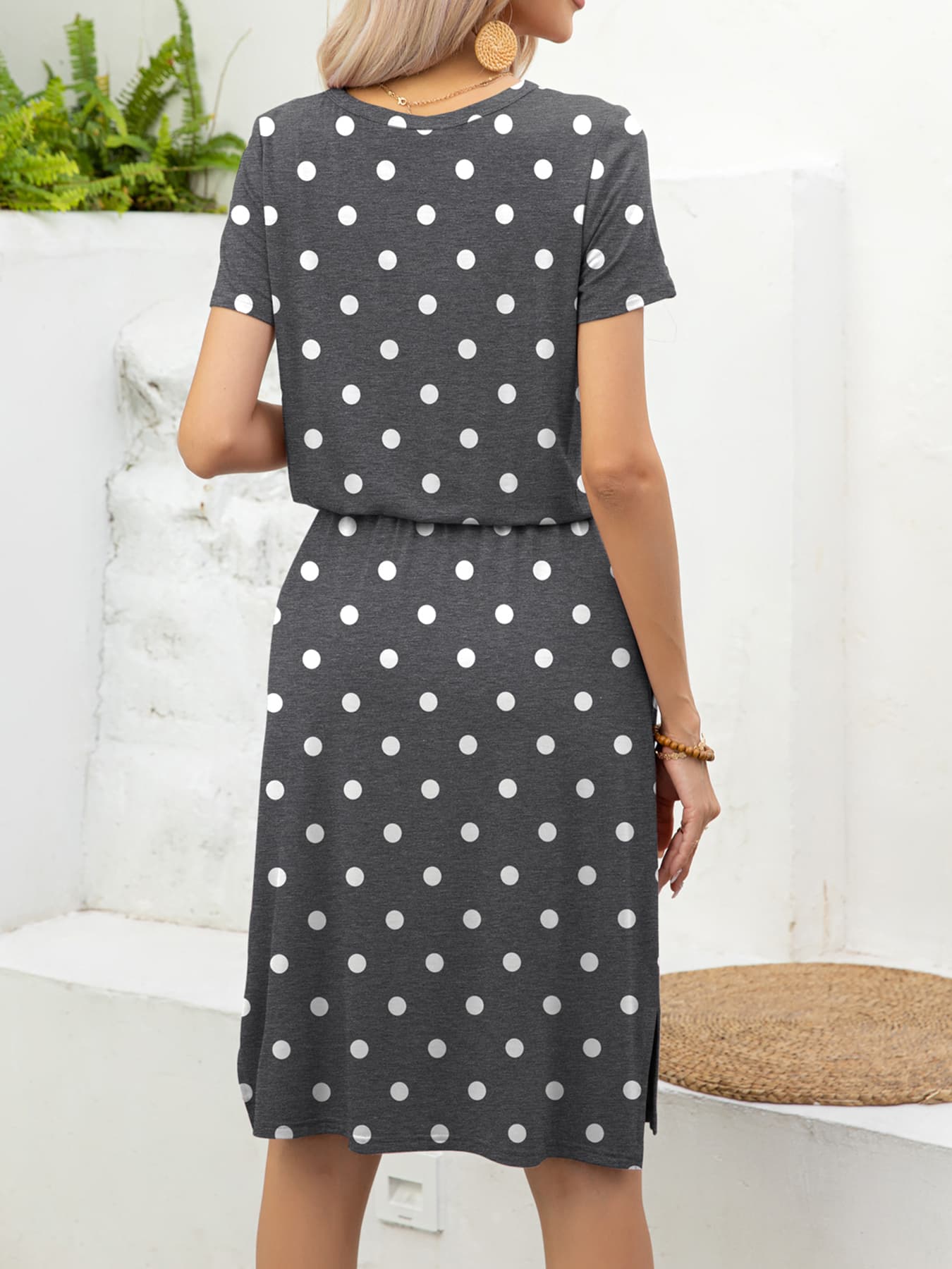 Round Neck Short Sleeve Slit Dress with Pockets Dresses- Doll Fits
